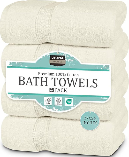 Utopia Towels 4 Pack Premium Bath Towels Set, 27 by 54 Inches, 100% Ring Spun Cotton 600GSM, Lightweight and Highly Absorbent Quick Drying Towels, Perfect for Daily Use, Ivory