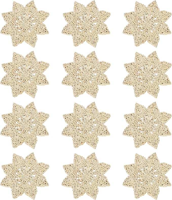 12pcs Corn Husk Placemats Placemats, Boho Wovean Rattan Table Mats, Farmhouse Wicker Spring P lacemats for Restaurant Dining Table Dessert Shops Coffee Shops 11.81in Polygonal Star