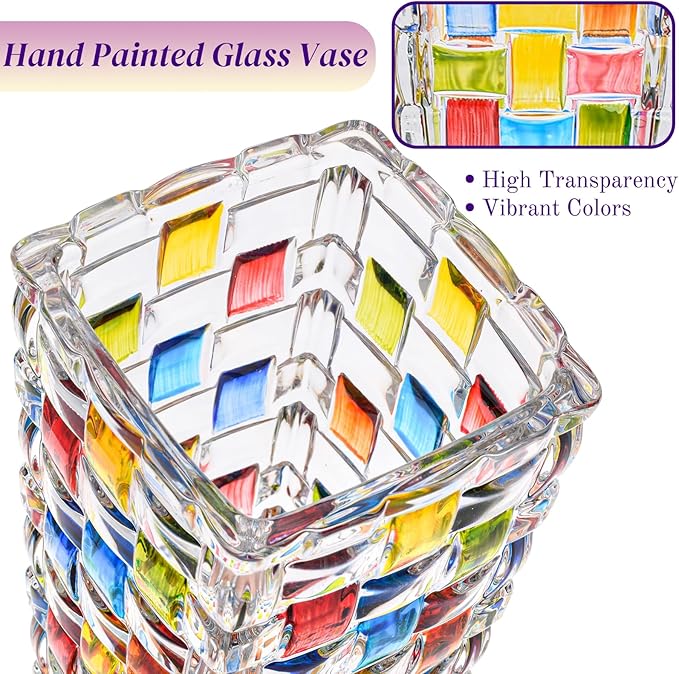 2 Pack Colorful Woven Glass Vase, 7.7" Stained Hand Painted Flower Vases, Unique Crystal Mosaic Vase for Art Centerpiece Table Home Indoor Desk Decor, Wedding Housewarming Gift