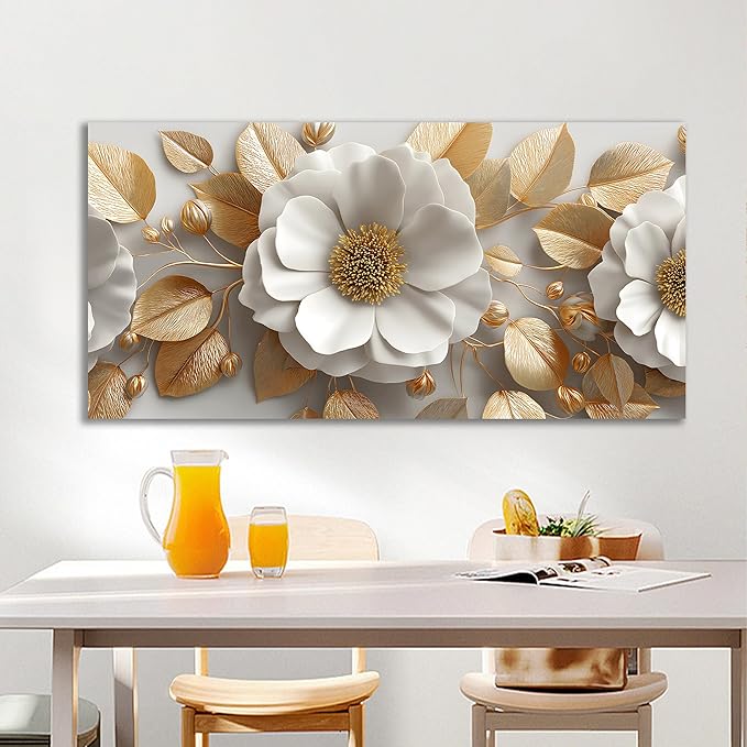 Tarfupth Floral Canvas Wall Art for Living Room Gold and White Flowers Large Botanical Artwork for Bedroom Office Home Decor Canvas Prints 20"x40"