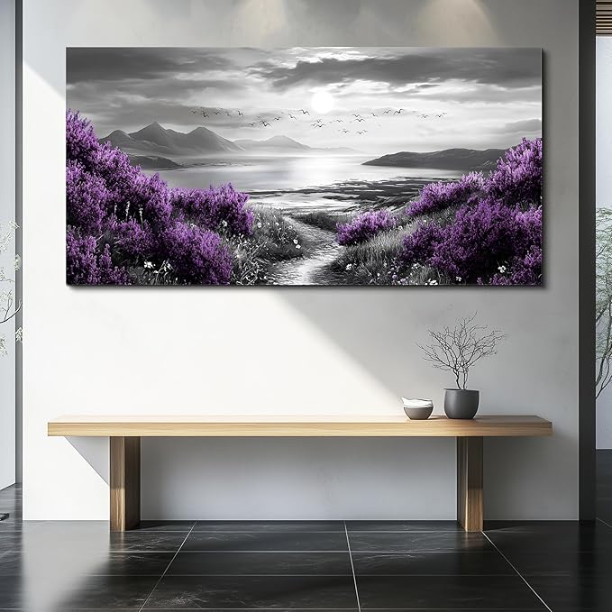 Canvas Wall Decor for Office Large Wall Art for Living Room Modern Bedroom Wall Decoration Purple Flowers Landscape Pictures Black and White Scenery Paintings Artwork Aesthetic Home Decor