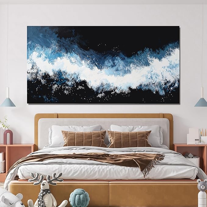 YISXINOAG Canvas Wall Decor Modern Abstract Art Wall Decor Black and White Wall Art Canvas Prints Modern Home Decorations Blue and White Wave Abstract Art for Bathroom Ready to Hang Size 20"X40"