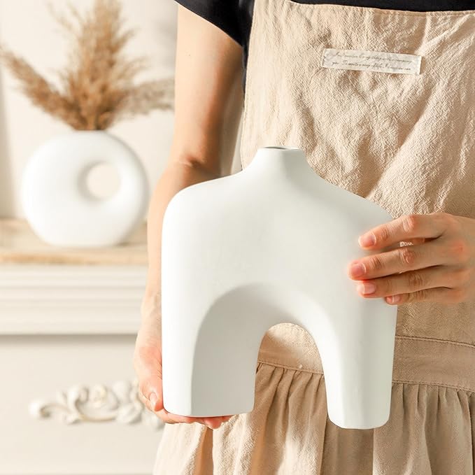 Ceramic Vase Set of 2, Modern Donut Vases for Minimalist Nordic Home Decor, Waterproof Round Vase, Decorative Centerpiece Vases for Room, Entryway, Bookshelf, Table Decor (Matte OffWhite)