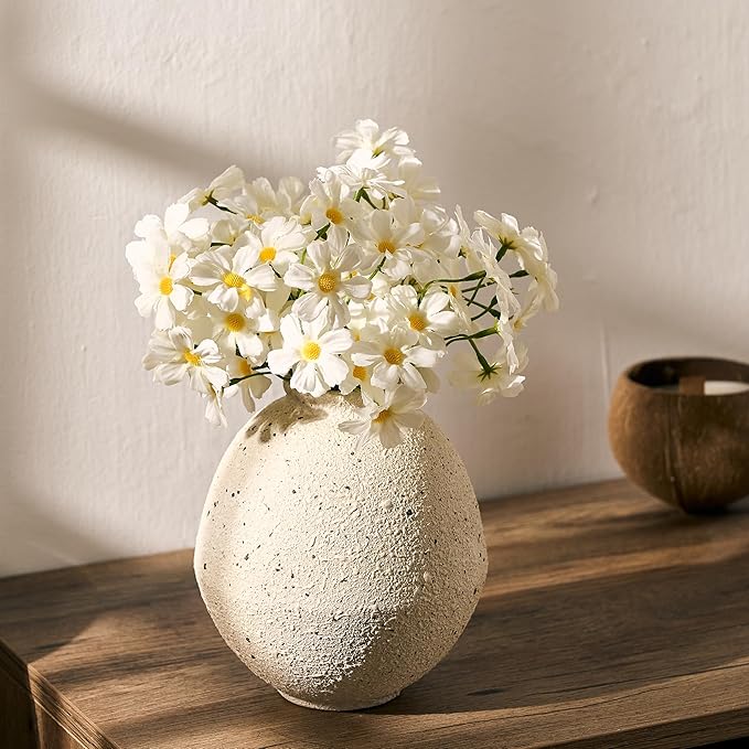 Ceramic Flower Vase, 6.22 Inch Rustic Farmhouse Vase Home Decor, Handcrafted Vintage Pottery Vase, Small Terracotta Vases for Living Room, Table, Shelf, Fireplace, Off-White