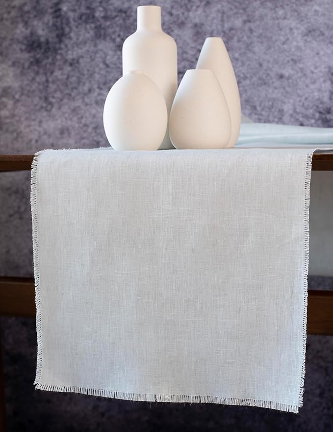 Table Runner with Fringe- 14x48 inches Long Blue, 100% Pure Linen Runner for Table, Light Blue Table Runner for Spring and Summer – Machine Washable, Handmade