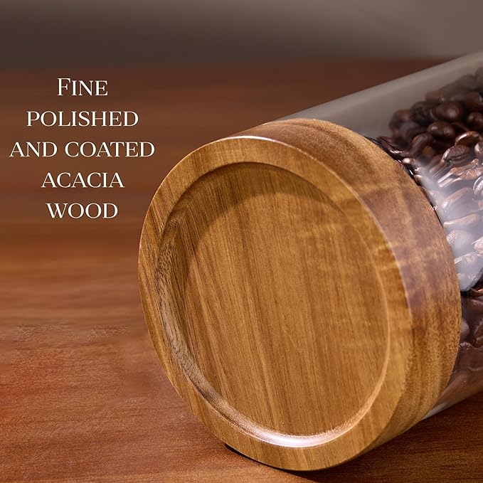 Glass Canister Set of 5 with Acacia Wood Lids Airtight Food Storage Jars for Kitchen Pantry Organization Containers for Spaghetti, Flour, Sugar, Coffee, Tea, Overnight Oats Yogurt More