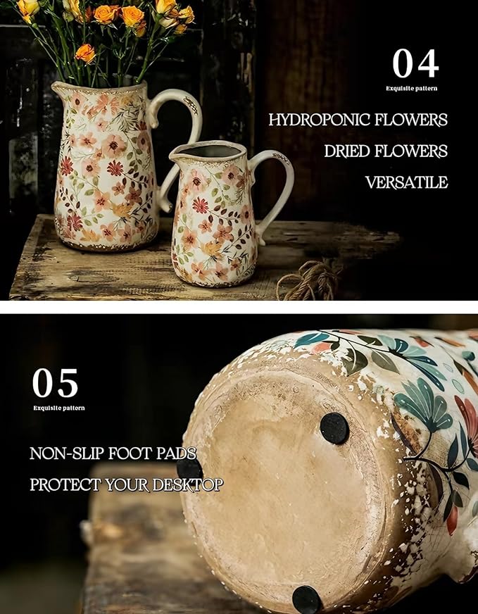 Vintage Colorful Daisy Flora Ceramic Vase with Handle, Retro Ice Glazed Crack Farmhouse Pitcher Vase for Home Decor, Living Room, Shelf, Office, Rustic Table Centerpiece 7 Inch