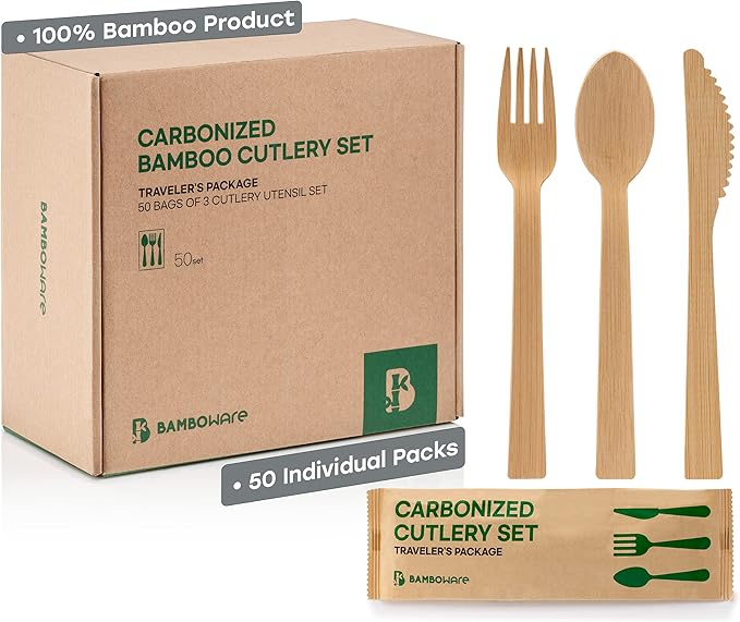 100% Bamboo Utensils - 50SET(150PCS) Traveler Package Carbonized Disposable Cutlery Biodegradable and Sanitized - Heavy Duty & Fully Functional