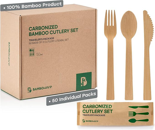 100% Bamboo Utensils - 50SET(150PCS) Traveler Package Carbonized Disposable Cutlery Biodegradable and Sanitized - Heavy Duty & Fully Functional