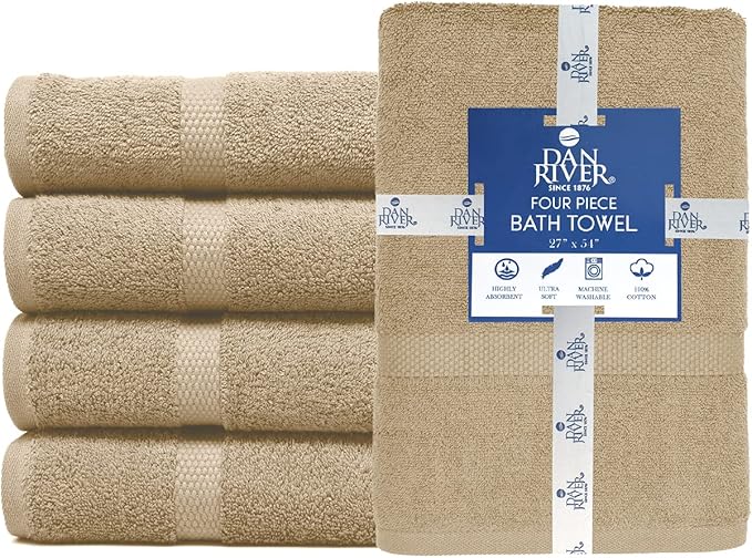 DAN RIVER Bath Towels Set of 4, 27 x 54 Inches, 100% Cotton, Larger & Lighter Weight, Quicker to Dry, Super Soft and Absorbent, Ideal Tan Bath Towels for Daily Use
