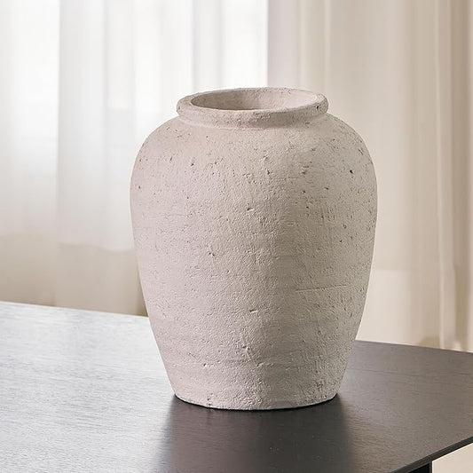 LB2 Large White Ceramic Vase, 11.8" Tall Zen Style Rustic vase, Terra Cotta Pitcher Vase, Distressed Farmhouse Decor, Pottery Decorative Flower for Home Decor (H 11.8" X 9.8")