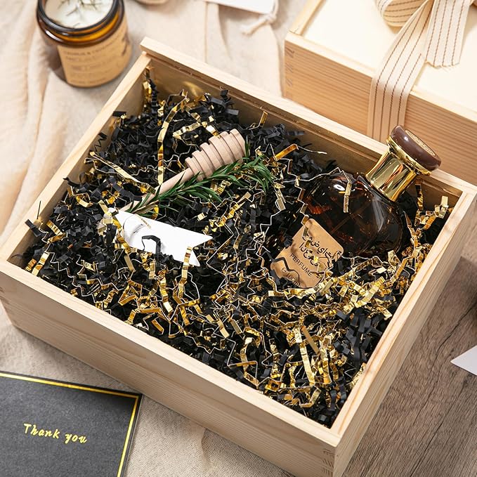 Mefleet 2 LB Crinkle Cut Paper Shred Filler Black & Gold Crinkle Shredded Paper for Gift Box - Gift Basket Bag Filler - Grass Cushion Stuffing for Christmas Holiday Packaging Wrapping