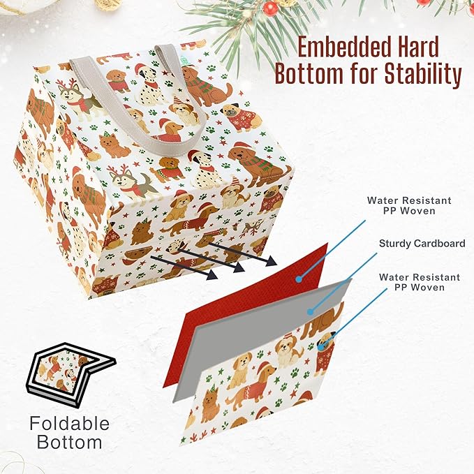 VENO 4 Pack Christmas Reusable Grocery Bags, Heavy-Duty Shopping Bags with Handles, for Shopping Cart with Hard Bottom to Stand Upright, Foldable (Holiday Pups, 4 Pack)