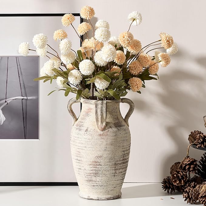 Handmade Ceramic Vase with 4 Handles, 10.83" Tall Farmhouse Rustic Terracotta Flower Vase, Vintage Vases for Home Decor, Wedding, Living Room, Table, Shelf Decor, Neutral