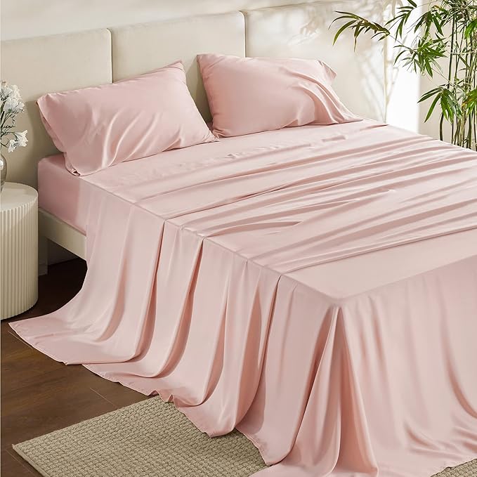 Bedsure Queen Sheet Set, Rayon Derived from Bamboo, Cooling Sheets, Breathable & Soft, Deep Pocket Up to 16 Inches, Hotel Luxury Silky Bedding for Hot Sleepers, Pink