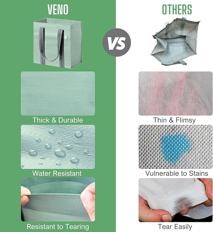 VENO 4 Pack Reusable Grocery Bags, Heavy-Duty Shopping Bags with Handles, Bags for Shopping Cart with Hard Bottom to Stand Upright, Foldable, Multi-Purpose(Light Green, 4 Pack)