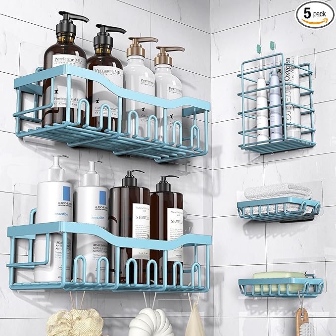 EUDELE 5-Pack Rustproof Stainless Steel Shower Caddy – No Drill Adhesive Bathroom Organizer with Large Capacity, Spacious Shower Shelves for Inside Shower, Kitchen & Home Decor Storage-XL Size