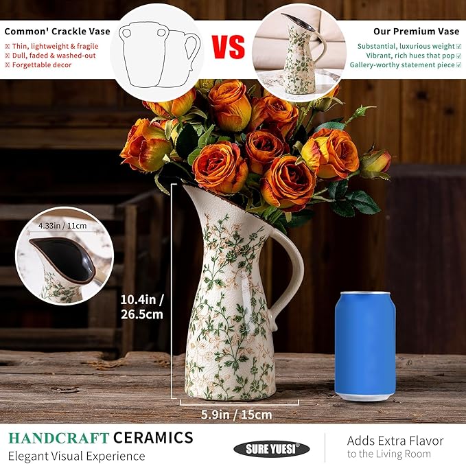 Vintage Ceramic Pitcher Vase with Handle, Farmhouse Green and Beige Large Floral Vases, Chinoiserie Decorative Vase, Rustic Table Centerpiece for Home Decor Living Room, Bookshelf, Office 10.5 Inch