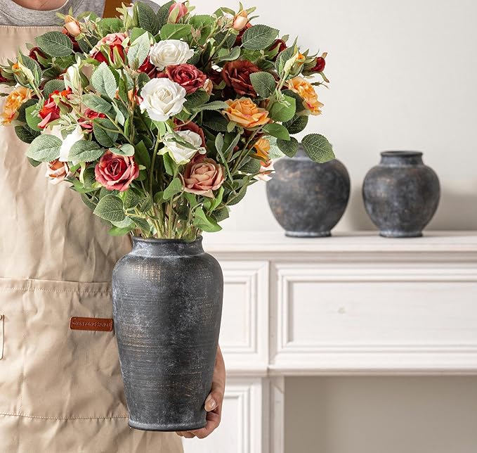 Large Ceramic Rustic Vase, 11 Inch Tall Flower Vase Rustic Farmhouse Decorative Vase Floral Pottery Vases for Home Decor Table Living Room Entryway Mantel Bookshelf Bedroom Bathroom Kitchen - Black