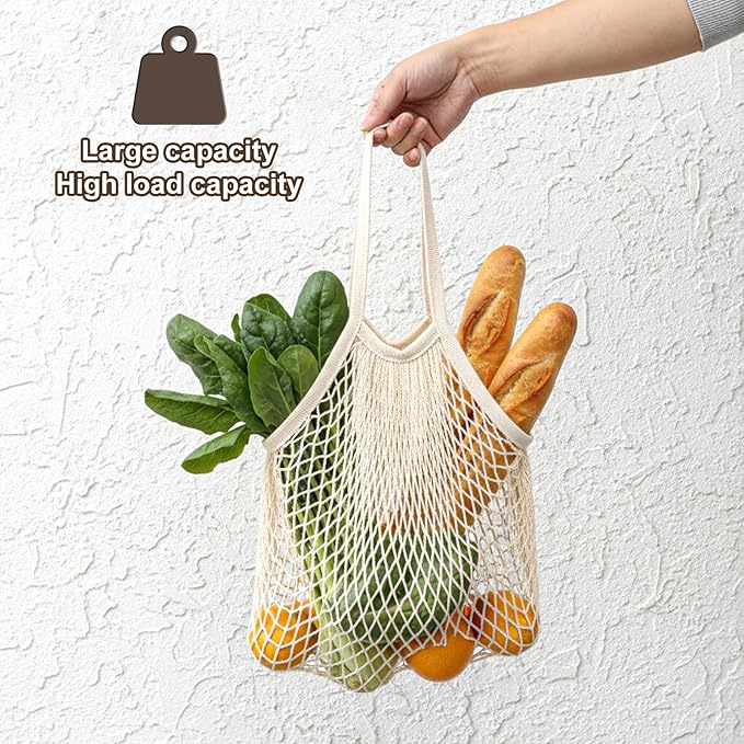 2 Pack Reusable Grocery Bags Cotton Mesh Produce Bags Long Handle Mesh Tote Bag for Fruit & Veggie Storage(Beige and Blue-Gray)