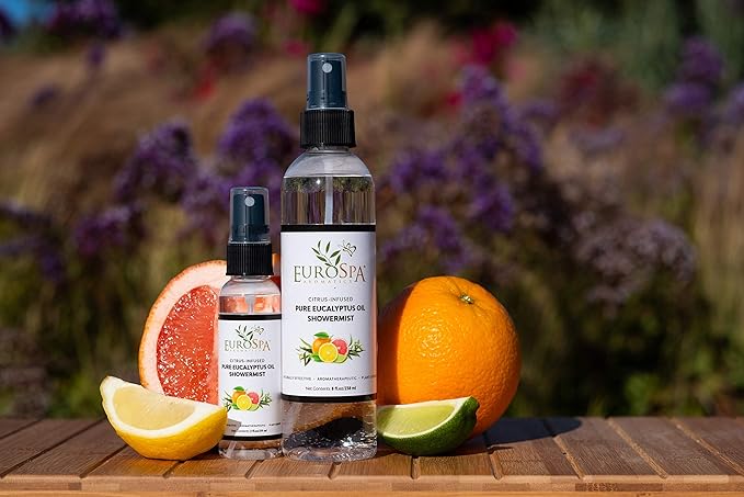 EuroSpa Aromatics Pure Eucalyptus Oil ShowerMist and Steam Room Spray, All-Natural Premium Aromatherapy Essential Oils - Citrus Infused, Duo Pack, 8oz and 2oz