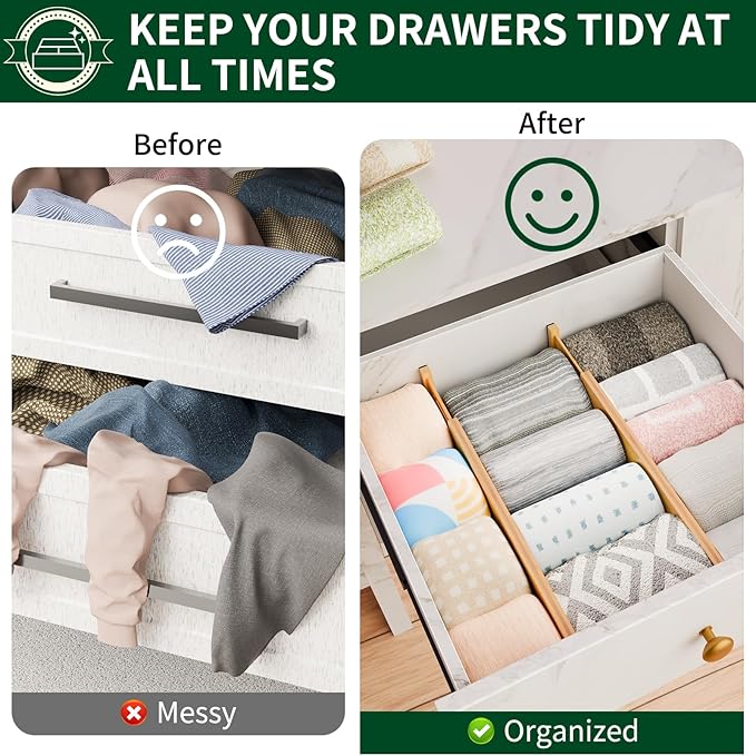 6 Pack Bamboo Drawer Dividers 2.6" High,17-22" Adjustable Spring Loaded Clothes Drawer Organizers for Kitchen, Dresser, Bathroom, Bedroom and Office