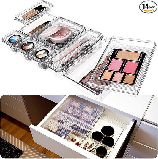 14 Pcs Drawer Organizer for Makeup/Office Supplies/Vanity/Desk Drawer Organizers, Acrylic Organizers, Shallow Drawer Organizers with Lid Design