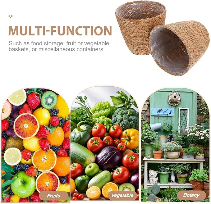 Veemoon 2Pcs Wicker Planter Basket, Rattan Grass Woven Flower Pot Seagrass Planter with Plastic Liner Farmhouse Storage Fruit Bowl Hyacinth Storage Baskets for Plant Flower Fruit Vegetable, 8.65inch H
