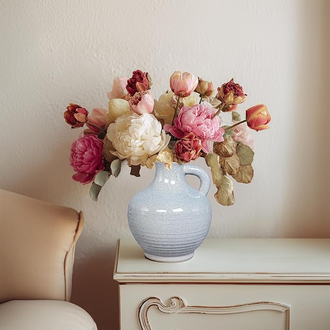 Sunddo Blue Ceramic Vases for Home Decor, 6 Inch Modern Decorative Vase with Handle, Small Flower Vase for Centerpiece, Entryway Living Room Dining Table Farmhouse Office Decor