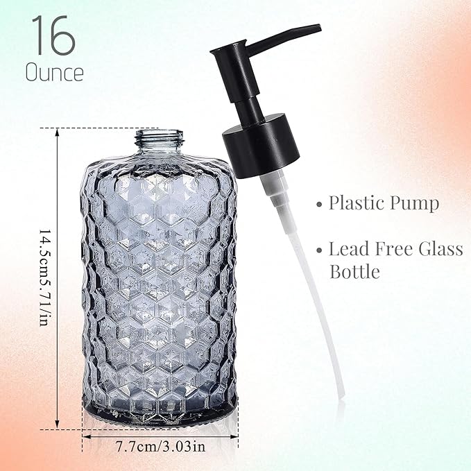 Clear Charcoal Blue Glass Soap Dispenser with Pump, 16oz Honeycombed Design Hand Soap Dispenser, Refillable Lotion & Dish for Dishwashing Liquid, Lotion