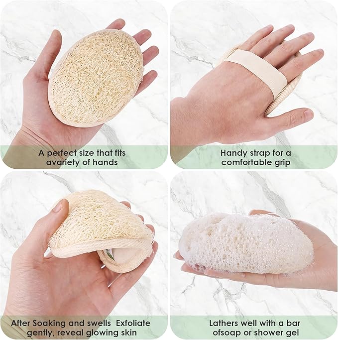 Natural Loofah Sponge, 4 Pack Exfoliating Body Scrubber for Shower, Organic Biodegradable Bath Luffa with Thin/Thick Textures, Eco-Friendly Body Exfoliator for Men & Women, Hanging Rope