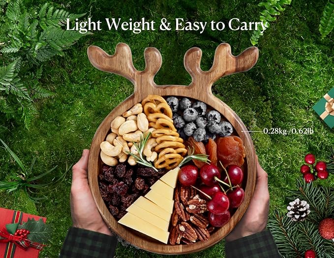 Acacia Wood Christmas Serving Platter with Antler Handle, 8"×10" Round Wooden Food Dish Plate, Decorative Charcuterie Board for Cheese Bread, Christmas Platter for Housewarming Decro Wedding