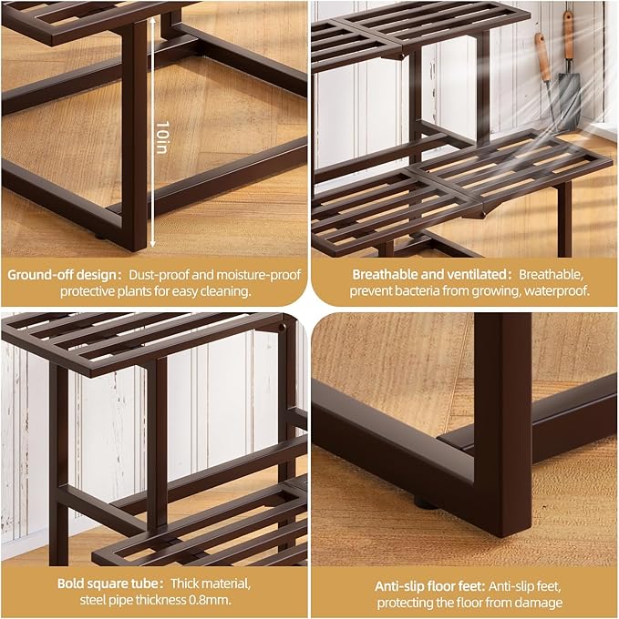 Metal Plant Stand Indoor, Outdoor Iron Plant Shelf, Heavy Duty Slatted Display Shelf for Patio Balcony Garden Living Room Load Bearing 330 LB 26" L x 20.2" H x 17.7" W 2 Tier Coffee