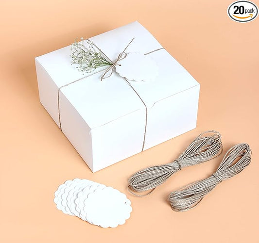 White Gift Boxes (Pack of 20) Size 8x8x4 Inches, Thick Paper Boxes with Lids, Tags & Jute Rope for Bridesmaid Proposals, Wedding Presents, Birthday Party Favor, Baby Shower and Christmas