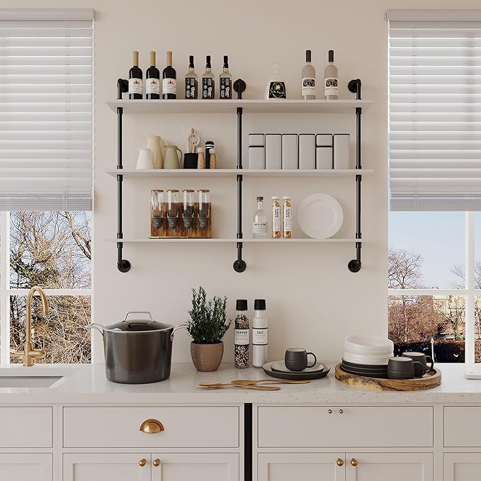 3-Tier Industrial Pipe Floating Shelf – Rustic 48 inch Wood Wall-Mounted Storage Shelf for Kitchen Office,Bathroom & Home Decor -White