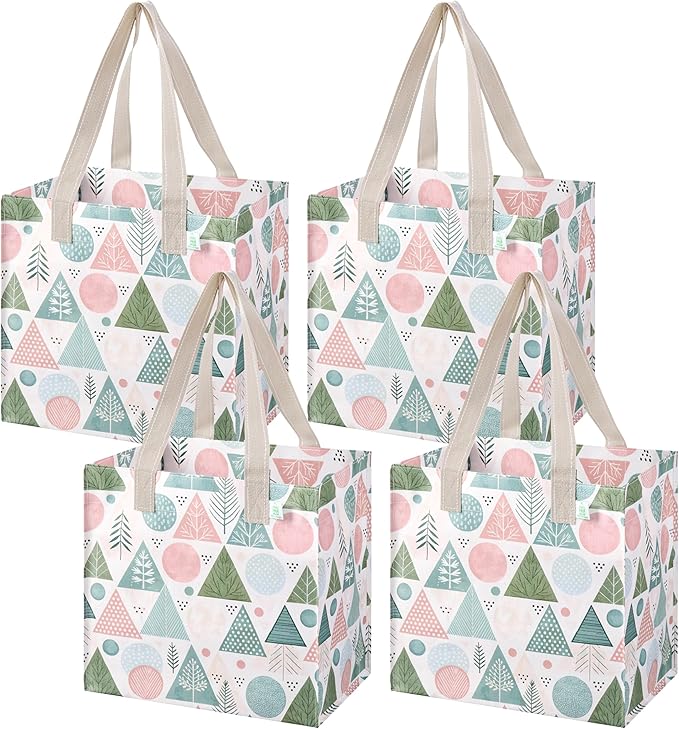 VENO 4 Pack Christmas Reusable Grocery Bags, Heavy-Duty Shopping Bags with Handles, for Shopping Cart with Hard Bottom to Stand Upright, Foldable (Pastel Forest, 4 Pack)