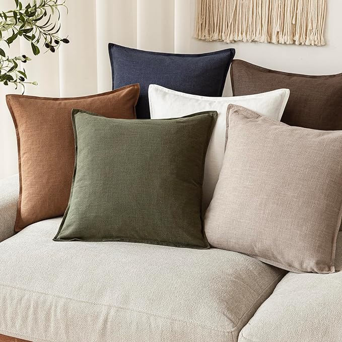 Foindtower Set of 2, Decorative Linen Soild Throw Pillow Covers Soft Accent Cushion Euro Case Boho Farmhouse Pillowcase for Chair Couch Sofa Bedroom Living Room Home Decor 18 x 18 Inch Natural Linen