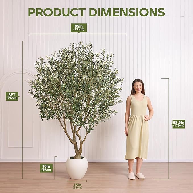 Olive Trees Artificial Indoor 8FT, Tall Faux Olive Tree with Round White Planter, Outdoor UV Resistant Large Fake Olive Plants, Modern Home Decor for Living Room Office Porch