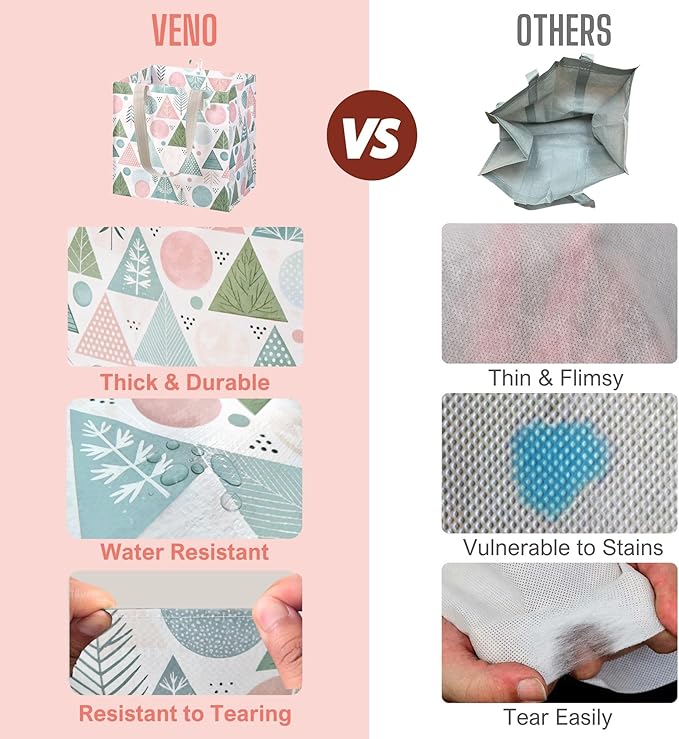 VENO 4 Pack Christmas Reusable Grocery Bags, Heavy-Duty Shopping Bags with Handles, for Shopping Cart with Hard Bottom to Stand Upright, Foldable (Pastel Forest, 4 Pack)