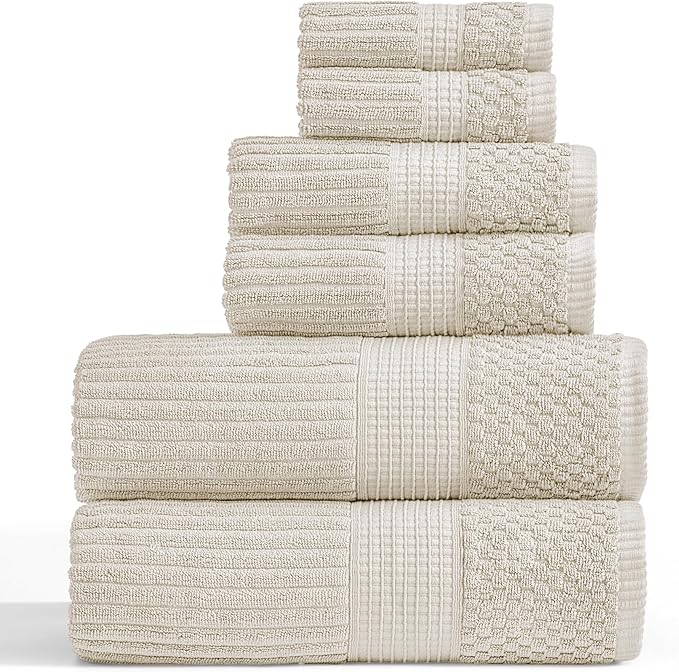 Springtree Home 100% Cotton Bath Towel Set | 6 Piece Set | Absorbent & Quick-Dry Towels | Textured and Durable Cotton | Krista Collection - Beige