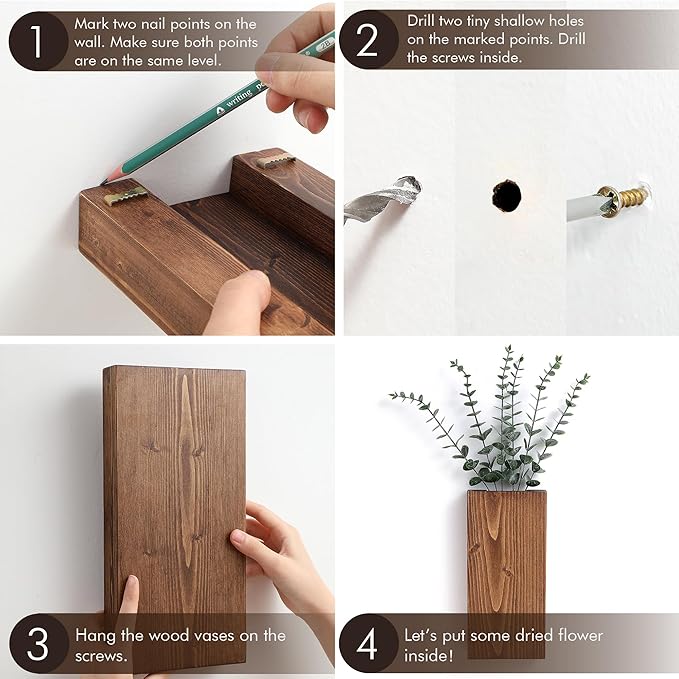 Wood Wall Planter Set of 2, Wood Wall Pocket for Greenery and Dried Flowers, Indoor Hanging Vase, Modern Farmhouse Wall Decor for Living Room Bedroom Office Eucalyptus Stems Decorations (Walnut)