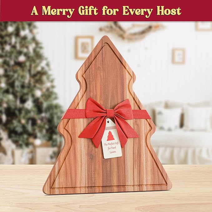 New – 17-Inch Long Large Christmas Tree Charcuterie Board – Acacia Wood Christmas Cutting Board (17x12.5in) Holiday Serving Tray, Winter Cheese Board, Wooden Christmas Platter & Kitchen Decor Gift