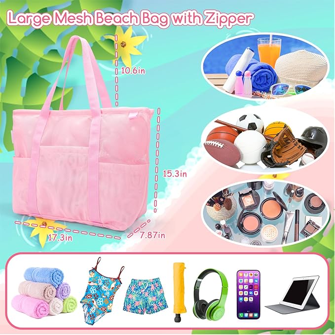 Tagitary Mesh Beach Bag with Zipper Large Beach Tote Waterproof Sandproof with 8 Pockets for Toys Pool Bag Beach Accessories