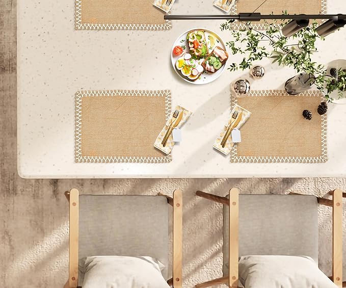 Hausattire Jute Burlap Placemat 14x14 Inches - Natural, Lace Design Edges Table Mats for Bar Table Indoor Outdoor Rustic Thanksgiving Farmhouse Kitchen Coffee Dinner Table Decor Mats - Set of 4