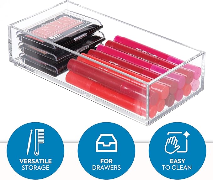 iDesign Clarity Plastic Drawer Organizer for Vanity, Countertop, Bathroom, Kitchen and Cabinet Storage, 8" x 4" x 2", Clear