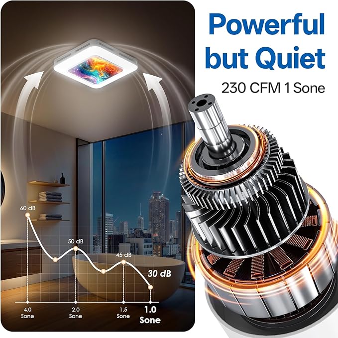 Bathroom Exhaust Fan with Light Humidity Sensor, Bathroom Fan with Humidity Sensor, 230 CFM 1.0 Sone Exhaust Fan, Venlitation Fan with 3CCT LED Light 7 LED Color, Remote Control Easy Install