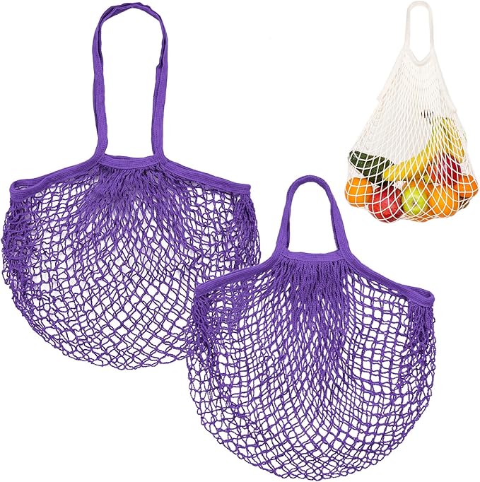 2-Pack Cotton Mesh Bag, Reusable Washable Mesh Net String Grocery Bags, Reusable Produce Bags with Handle, Net Tote Bag for Fruits/Vegetables Shopping [Purple, Long&Short Handle]