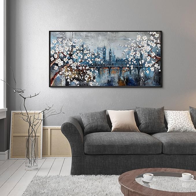 KLAKLA Wall Art for Living Room City Scenes - Black Frame Large Abstract Wall Decor Bedroom Office Landscape Plum Blossom Picture Artwork for wall Modern Home Decoration