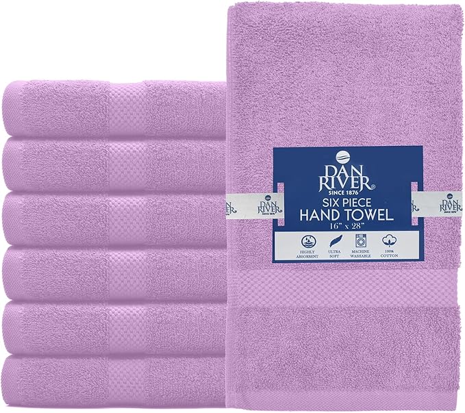 DAN RIVER 6-Pack Premium Hand Towels (16x28 Inches) - 100% Cotton, Ultra Soft, Lightweight, Highly Absorbent Towels for Bathroom, Spa, Gym, Salon, Hotel, and Travel - 550 GSM - Lavender