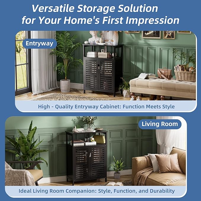 HITNET Black Bathroom Storage Cabinet, Freestanding Bamboo Floor Cabinet 4 Tier Tall Kitchen Cupboard with Door and Shelves